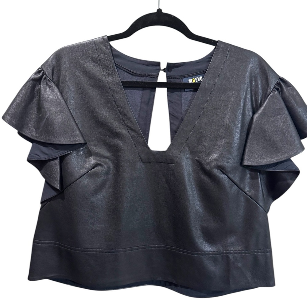 Maeve Black Leather Flutter Sleeve Crop Top